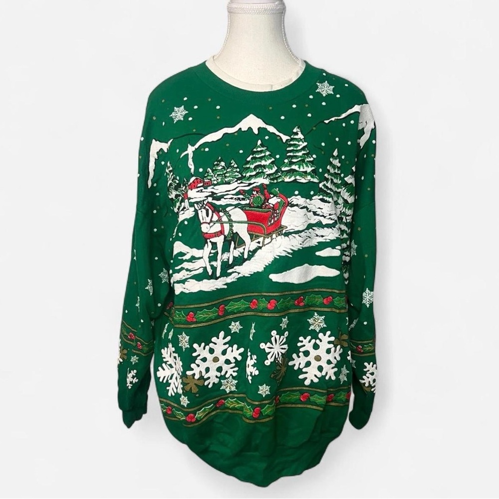 Vintage NutCracker Brand Green Christmas‎ Sleigh Ride Sweatshirt 90s Size 22
